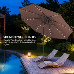 NEW In Box 9Ft  Solar powered LED lights Brown Patio Umbrella