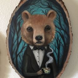 Brown Bear painting on tree slab (original)