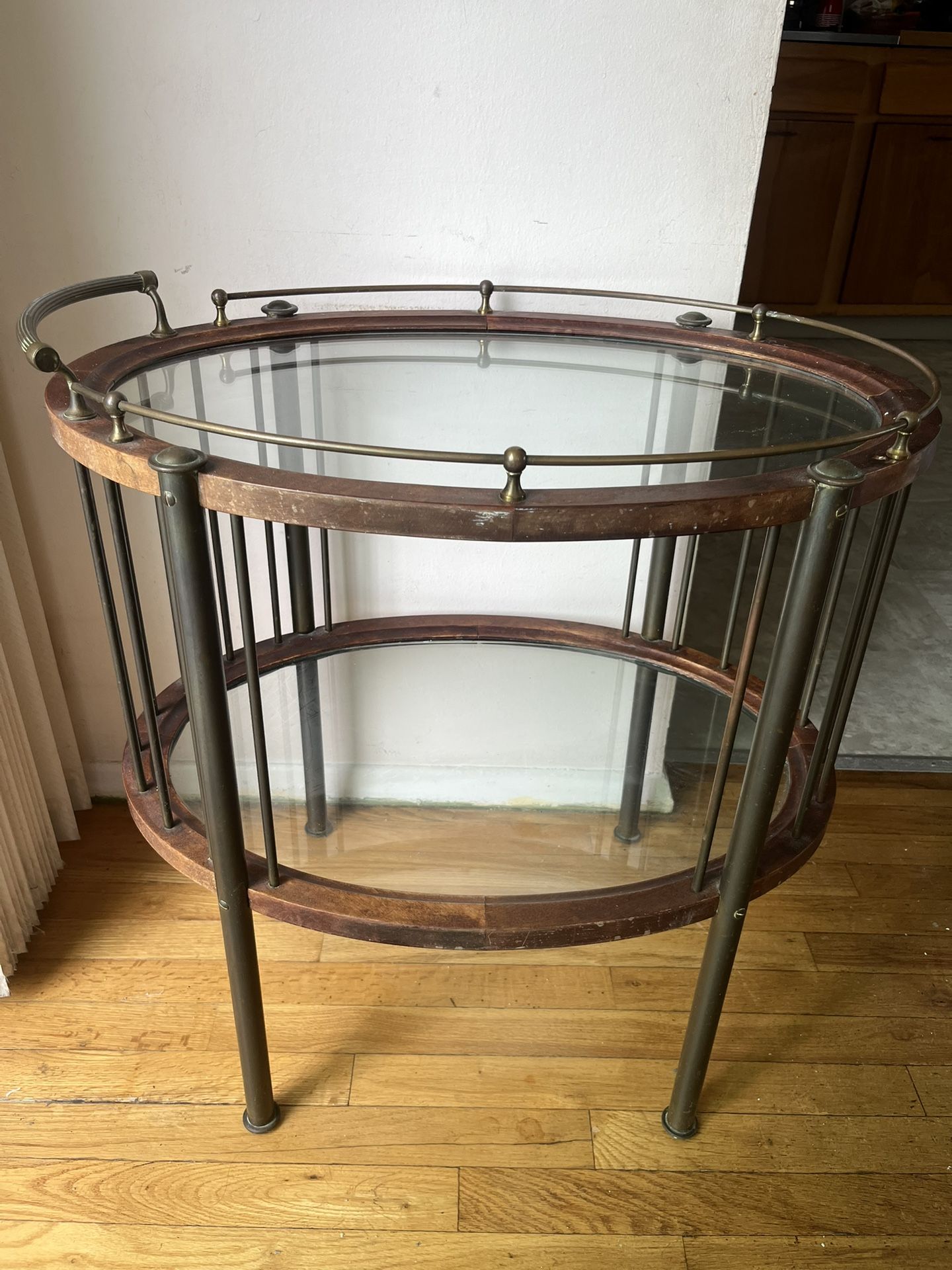 Vintage Oval Glass and Wood Side Table with Metal Frame