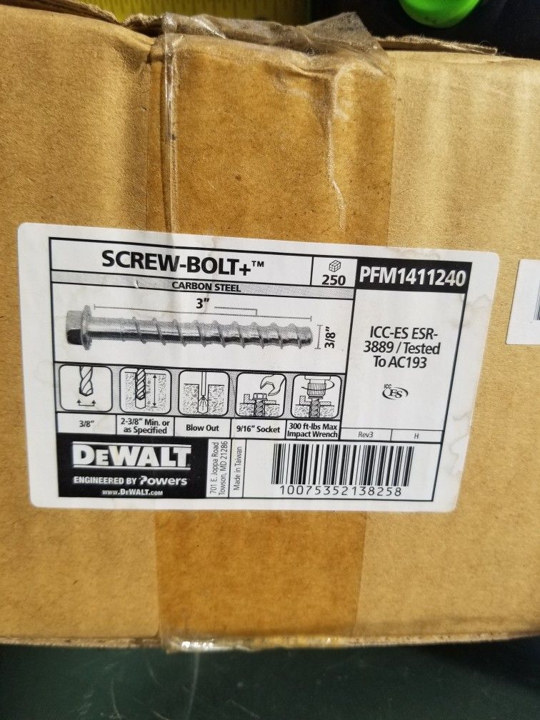 NIB Dewalt 3/8 X 3" Concrete Screw-Bolts