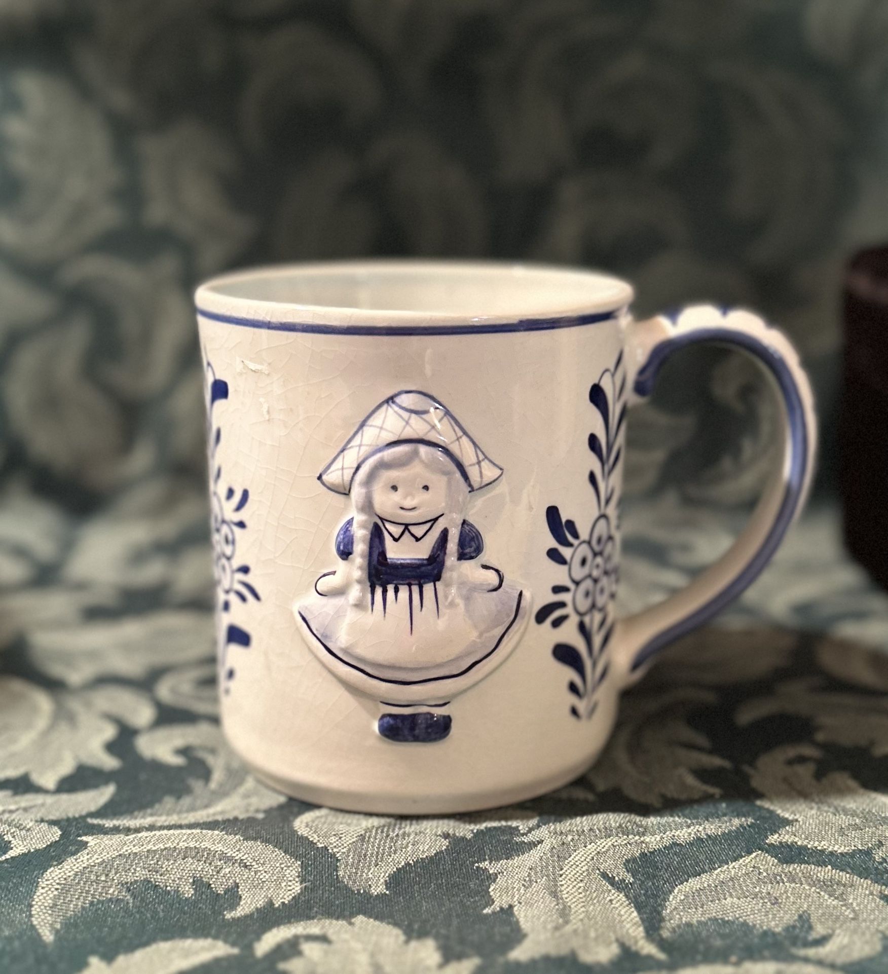 Delft Blue Hand Painted Embossed Dutch Girl and Flower Cup Mug Holland