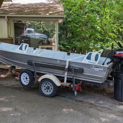 1970 Klamath 14' Aluminum Runabout with 15 hp Mercury Outboard and Calkins Trailer
