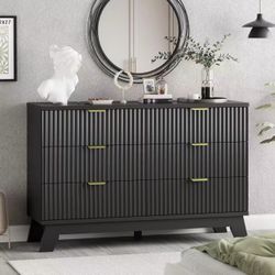 Xixini Fluted Dresser for Bedroom with 6 Drawers, 48" Wide Wooden Chest of Drawers with Metal Handle, Modern Dresser TV Stand, Wood Closet Clothes Sto