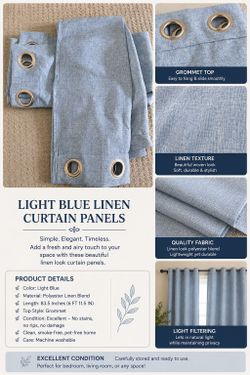 84" Light Blue Linen Look Grommet Curtain Panels Set of 2 – Excellent Condition ⭐