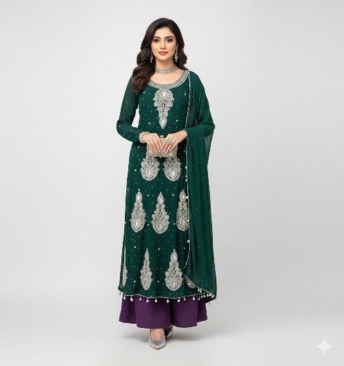 Women's Pakistani Indian 3-Piece Palazzo Kameez Outfit Set, Green/Purple, Medium
