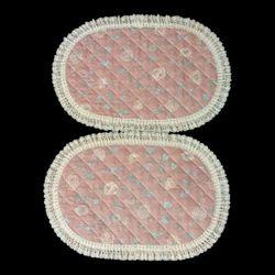 Vintage 70s Set Of 2 Pink Floral Quilted Ruffled Lace Edge Oval Cloth Placemats