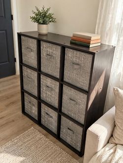 9-Cube Storage Organizer with 5 Gray Bins