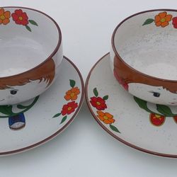 Vintage Boy And Girl Soup Bowls And Saucers