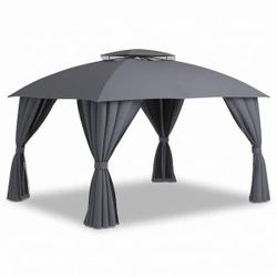 0963 10 ft. x 12 ft. Gray Outdoor Patio Gazebo with Light, Double Roof Canopy with Mosquito Netting and Privacy Screens Built-in led lights for