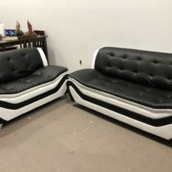 Brand New White & Black Leather Sofa & Loveseat 