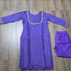 Purple Silk Kurta Pants Set with Gold Zari Embroidery (Size 38)