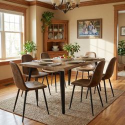 Homy Casa Lancelot 63" Walnut Dining Table Set with 6 Charlton Upholstered Chairs, Brown