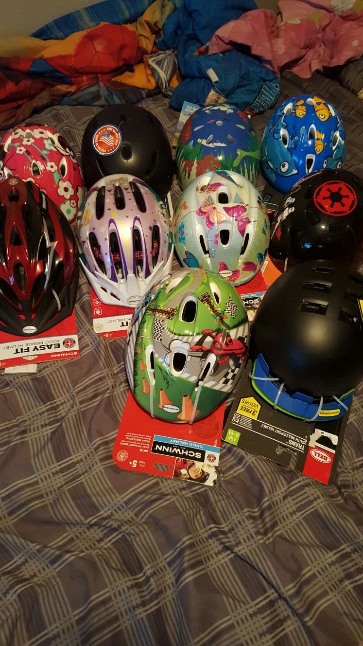 Helmets $10dollars brand new never used summers coming make sure your kids are biking safely.