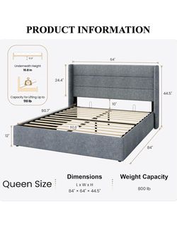 NEW Queen Lift-Up Storage Bed Frame | Gray Upholstered | Open Box