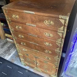 Mid Century Korean Burl Wood Chest W/ 5 Drawers & Bottom Cabinet