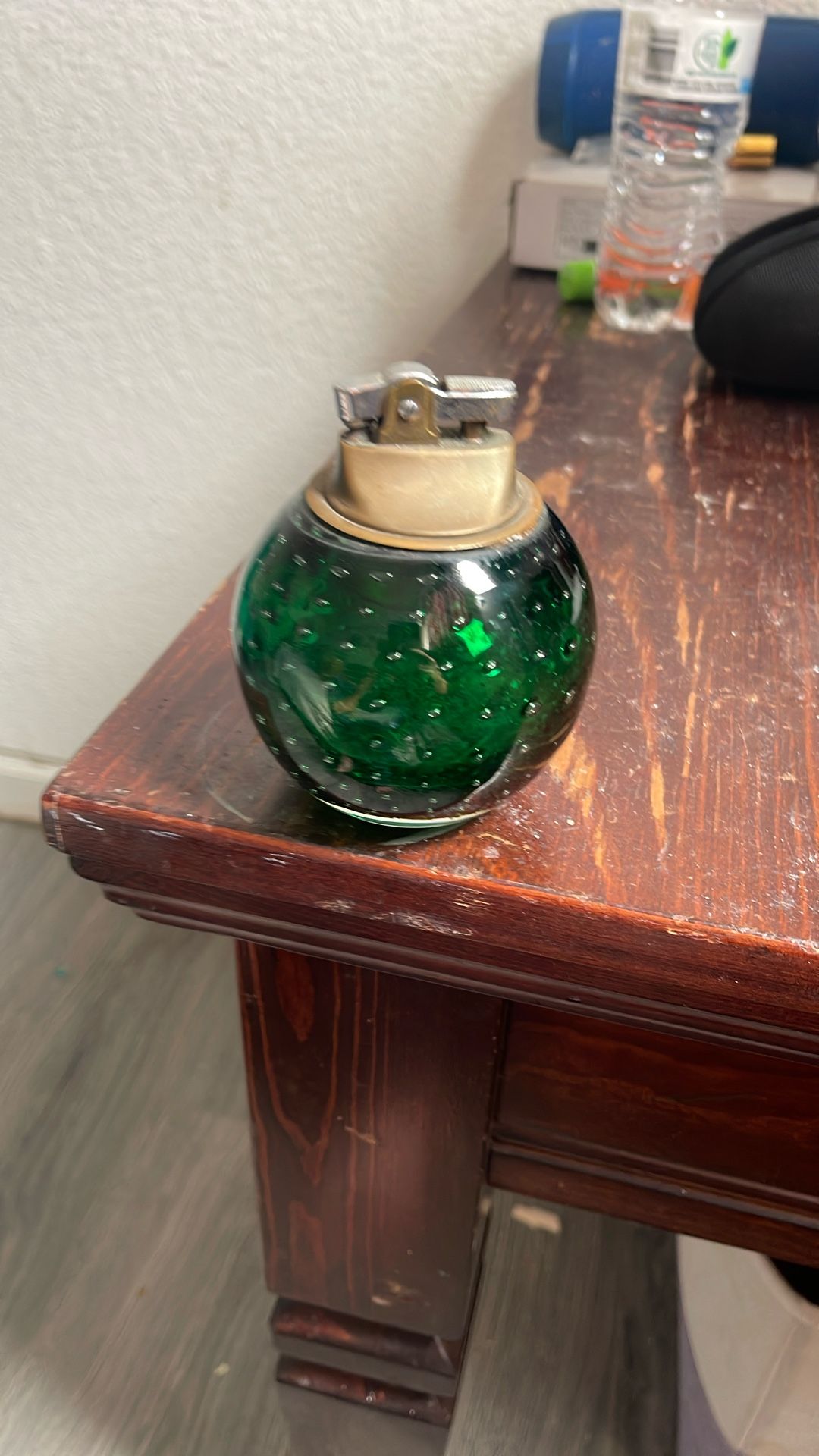 Vintage Art Glass Table Lighter Emerald Green Controlled Bubbles