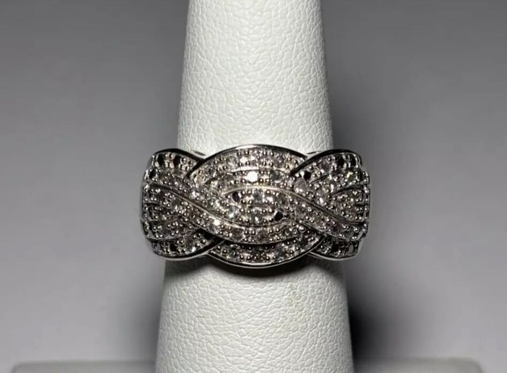 .925 Sterling Silver .50ctw Genuine White Diamond Crossover Band Ring Size 6