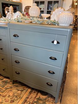 Newly refinished green gray tall boy dresser