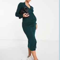 ASOS MATERNITY KNITTED MIDI DRESS WITH OPEN COLLAR & TIE WAIST DARK GREEN SZ 10