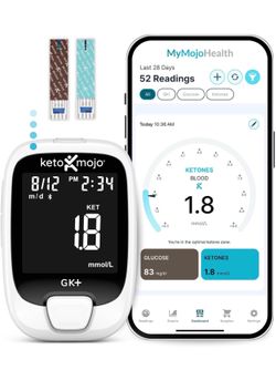 KETO-MOJO GK+ Bluetooth Glucose & Ketone Testing Kit + Free APP for Ketosis & Diabetes Support.