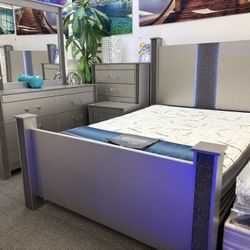 Gray Bedroom Set 5pc W/ Built-in LED Lights & Bluetooth Speakers ( Free Nightstand) For Sale!