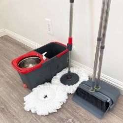 New $30 (Combo Set) Broom Dustpan and Spin Mop Extended Handle w/ 2pc Microfiber Replacements