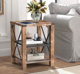 17 stories Eidelweiss Tall End Table Nightstand with 2 USB Ports, 2 Power Outlets, and 2 Storage Shelves