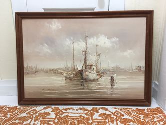Vintage Nautical Fishing Boats Oil Painting 39” x 27.5”