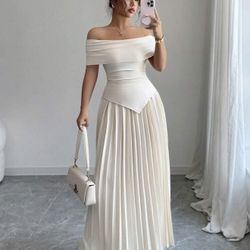 INAWLY Women's Off-Shoulder Pleated Waist Vacation Casual Long Dress+Skirt Set