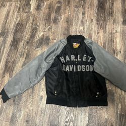 True American Vintage Harley Davidson Mens 100th Anniversary Bomber Jacket Black Gray Nylon