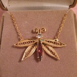 Vintage 16" Gold Plated Rolo Chain w/ Brown Agate &CZ Dragonfly Necklace
