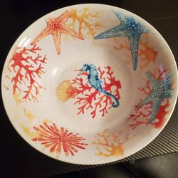 11.5" Serving Bowl Coastal Nautical- Seahorse, Starfish, Coral