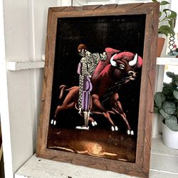 Vintage Black Velvet Matador Bull Fighter Handpainted Wall Art Wood Framed Spain