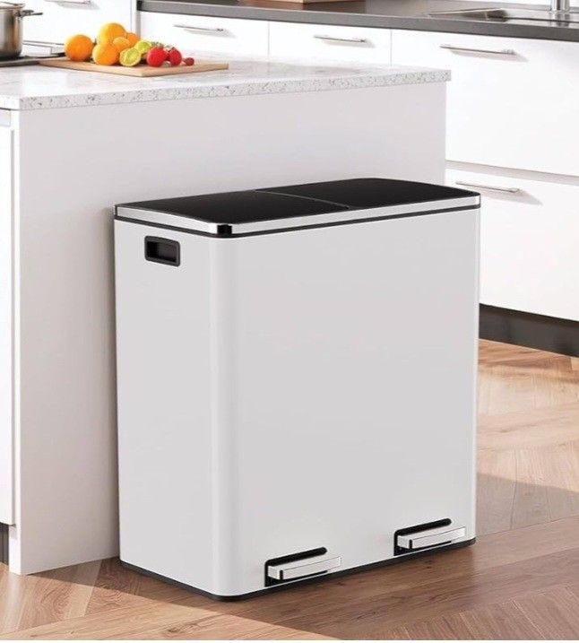 AthLike 60L(16 Gal) Dual Trash Can, Stainless Steel Kitchen Garbage Can, Double Compartment Classified Rubbish Bin, Recycle Dustbin w/Plastic Inner Bu