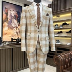 Italian style slim fit plaid jacket trouser suit camel 