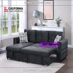 Black Velvet Convertible Sectional With FULL-OUT BED