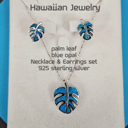 palm leaf blue opal  necklace &earrings set 