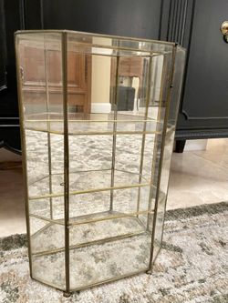 Vintage 11.5”  Tall X 10” Wide X 4” Deep Glass and Brass Mirrored Curio Cabinet - Table Top or Wall Hanging. Missing The Pin In Upper Right Door Hinge