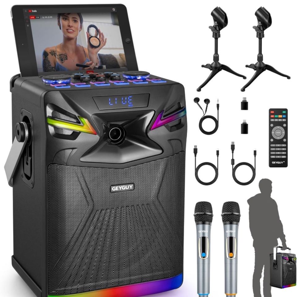 GPSK-1 DSP Bluetooth Karaoke Machine with Live Streaming Function, Portable PA System with 2 Wireless Microphones - as Projector Speaker with Sound Ef