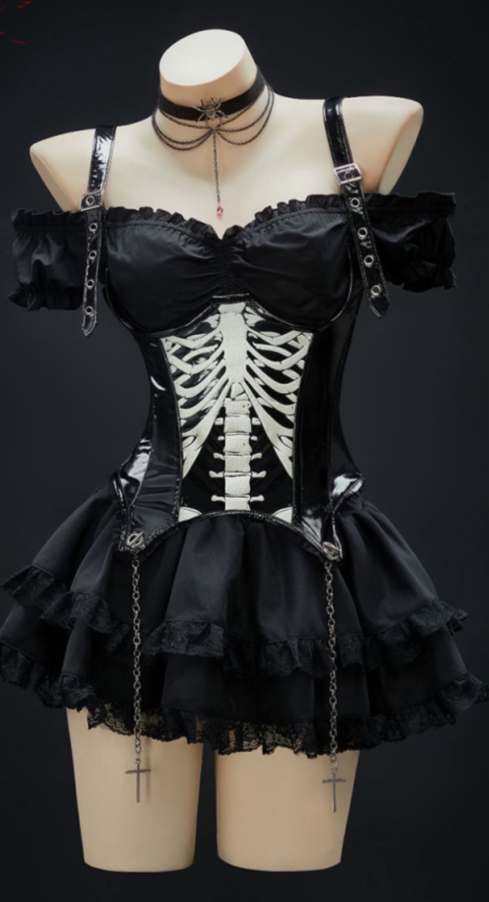 Gothic Skeleton Corset Costume with Skirt and Accessories