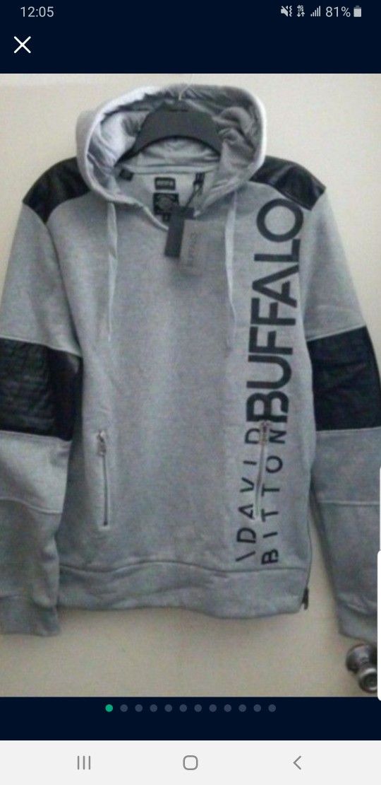 BUFFALO DAVID BITTON ESTABLISHED SINCE 1972 MEN'S THICK HEAVYWEIGHT HOODIE JACKET SIZE MEDIUM GRAY LEATHER PADDING ZIPPER POCKETS BRAND NEW WITH TAGS.