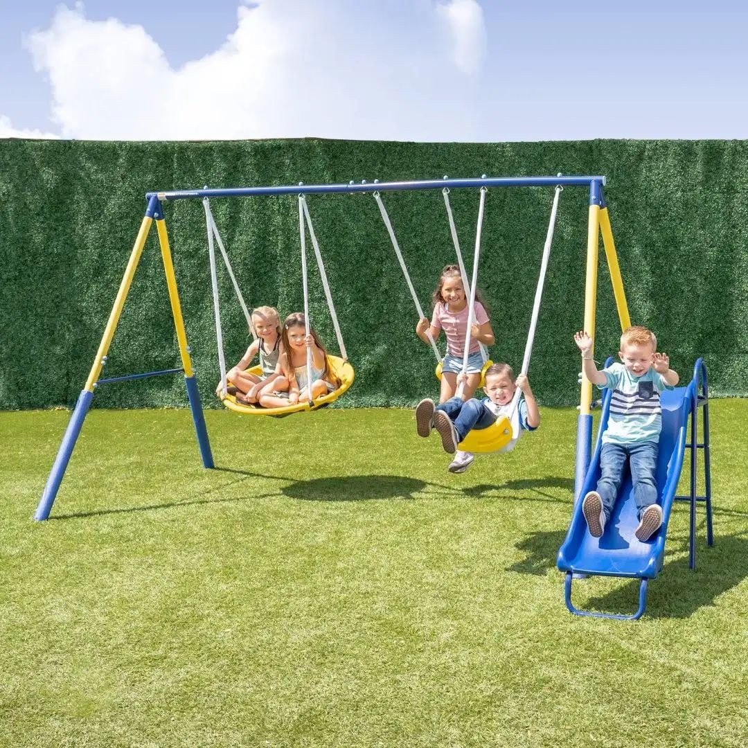 Sportspower Super Saucer Metal Swing Set with 2 Swings, Saucer Swing and 1-Piece Heavy Duty Slide