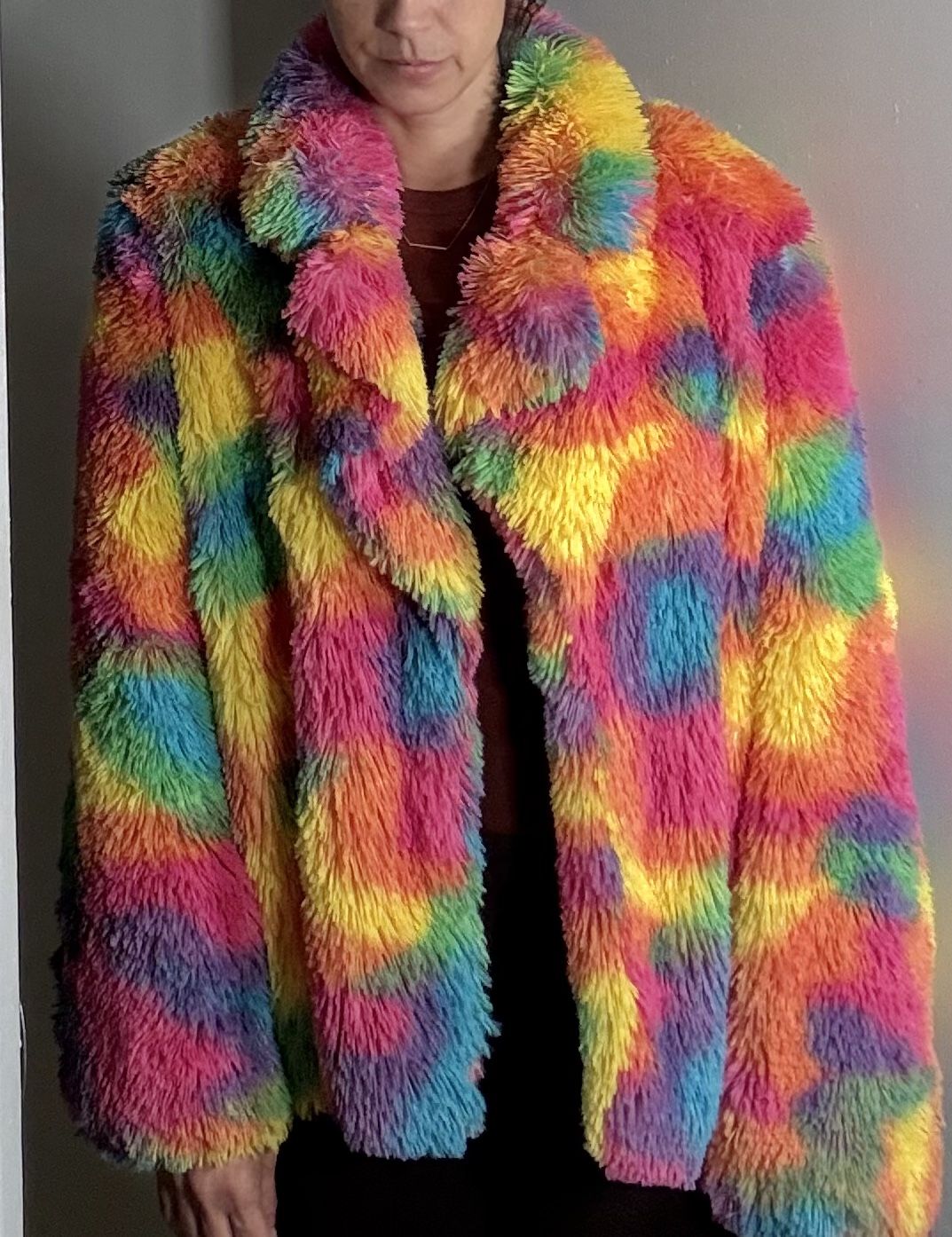 Rainbow Camo Shaggy Faux Fur Rave Jacket size M/L