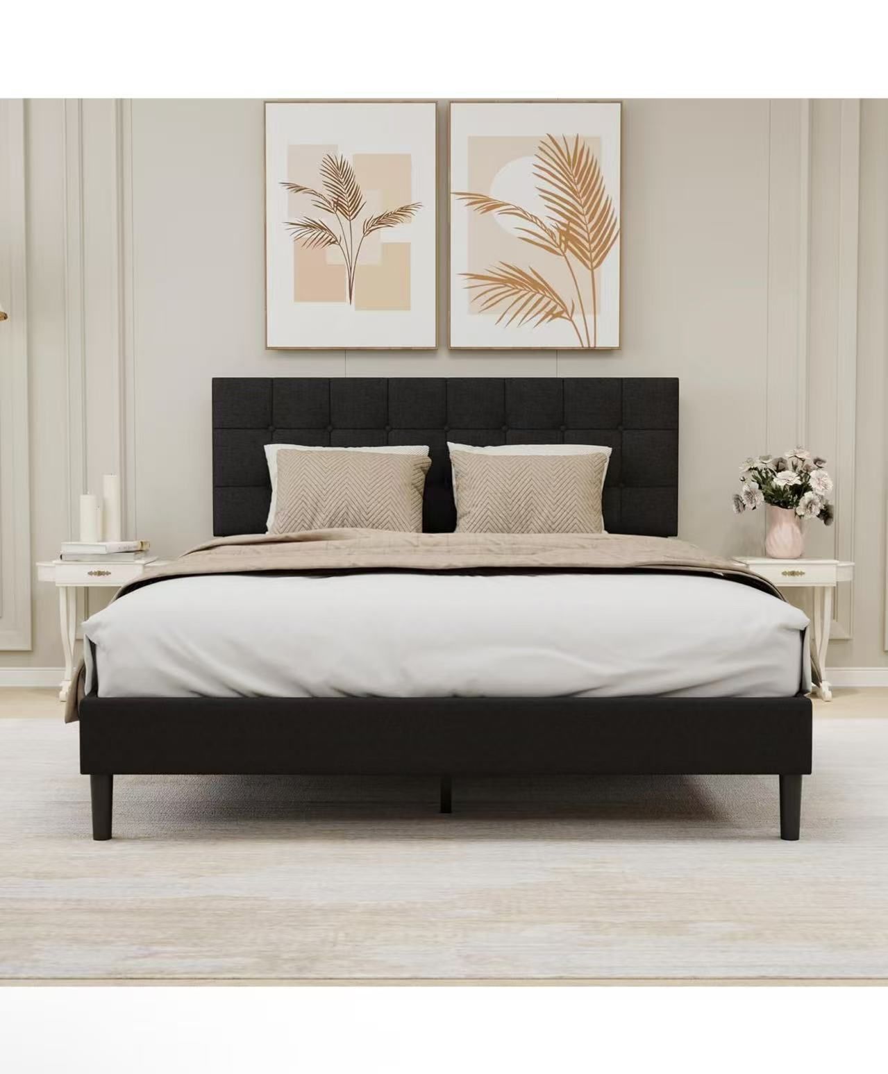 Zoophyter Upholstered Platform Bed Frame Queen Size with Button Tufted Linen Headboard
