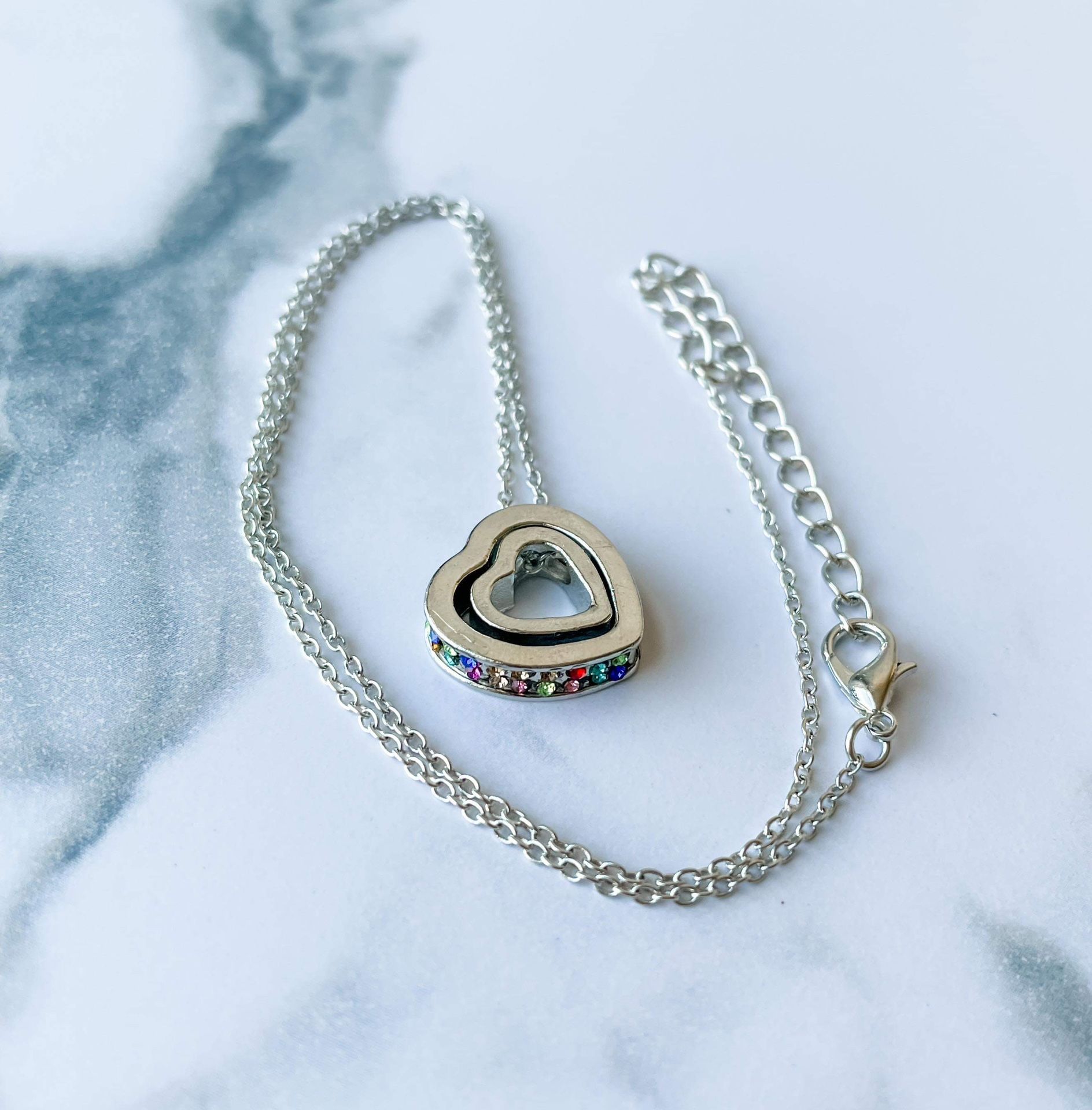 Rainbow crystal silver heart necklace