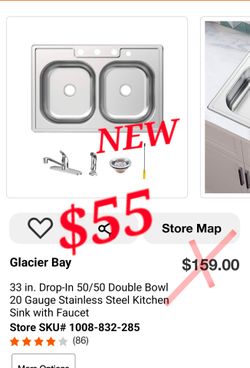 Glacier Bay 33" Double Bowl Stainless Steel Kitchen Sink with Faucet - NEW
