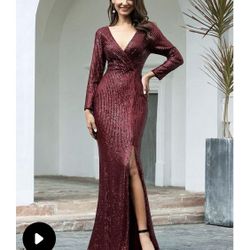 Burgendy Shiny V Neck Sequin Long Sleeves Evening Dress