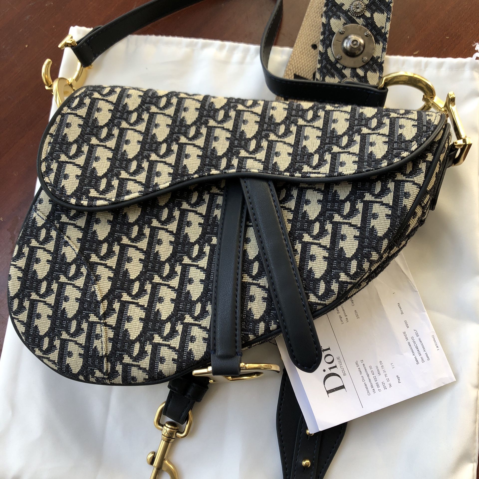Authentic Dior SADDLE BAG Blue Oblique Jacquard handbag
