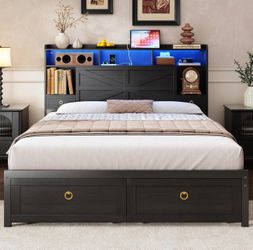 Full Bed Frame with Storage Headboard, Farmhouse Platform Bed Frame with Bookshelf, Drawers, LED Lights and Charging Station, Metal Slats Support, Noi