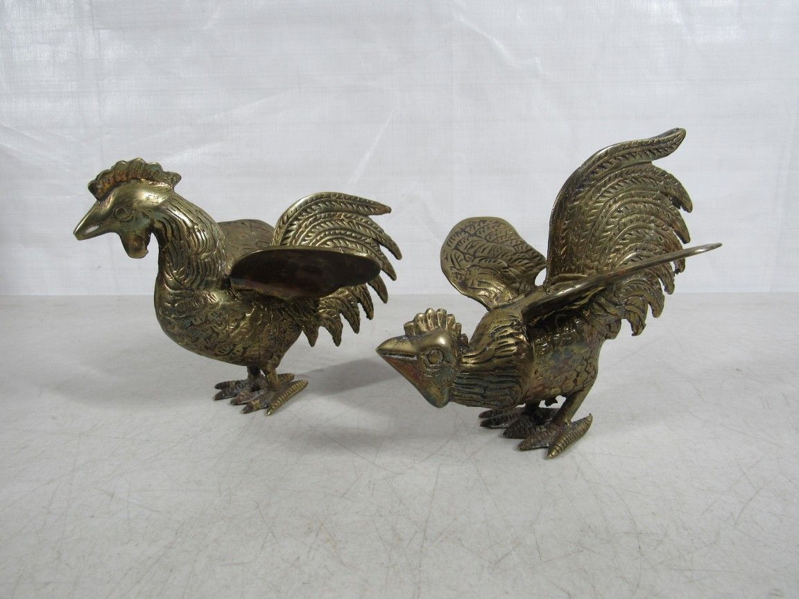 Fighting Cocks Roosters Mid Century Vintage Brass Figurines Statues